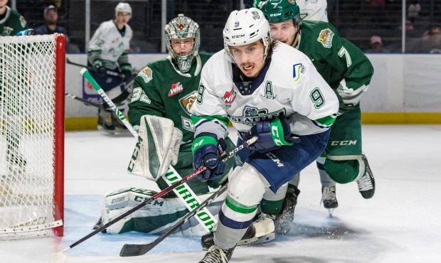 Keltie Jeri-Leon chases down the puck during the Thunderbirds Sunday loss to Everett. (Brian Liesse...