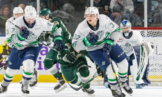 Seattle Thunderbirds rookies Matthew Rempe (right) and Lucas Ciona (left) were part of the youth mo...
