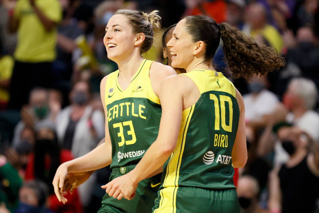 EVERETT, WASHINGTON - SEPTEMBER 07: Katie Lou Samuelson #33 and Sue Bird #10 of the Seattle Storm r...