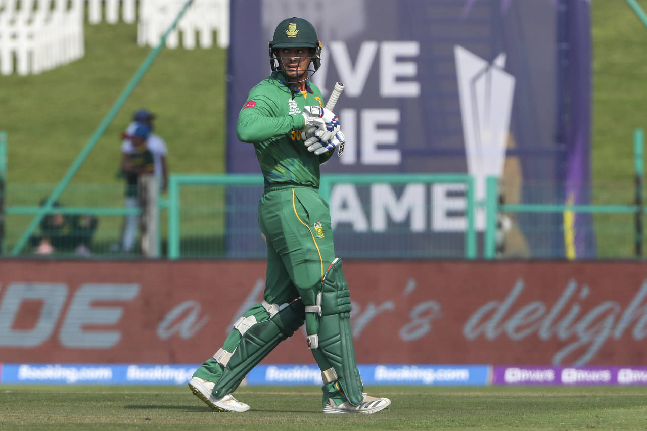 South Africa's Quinton de Kock walks from the field after he was dismissed during the Cricket Twent...