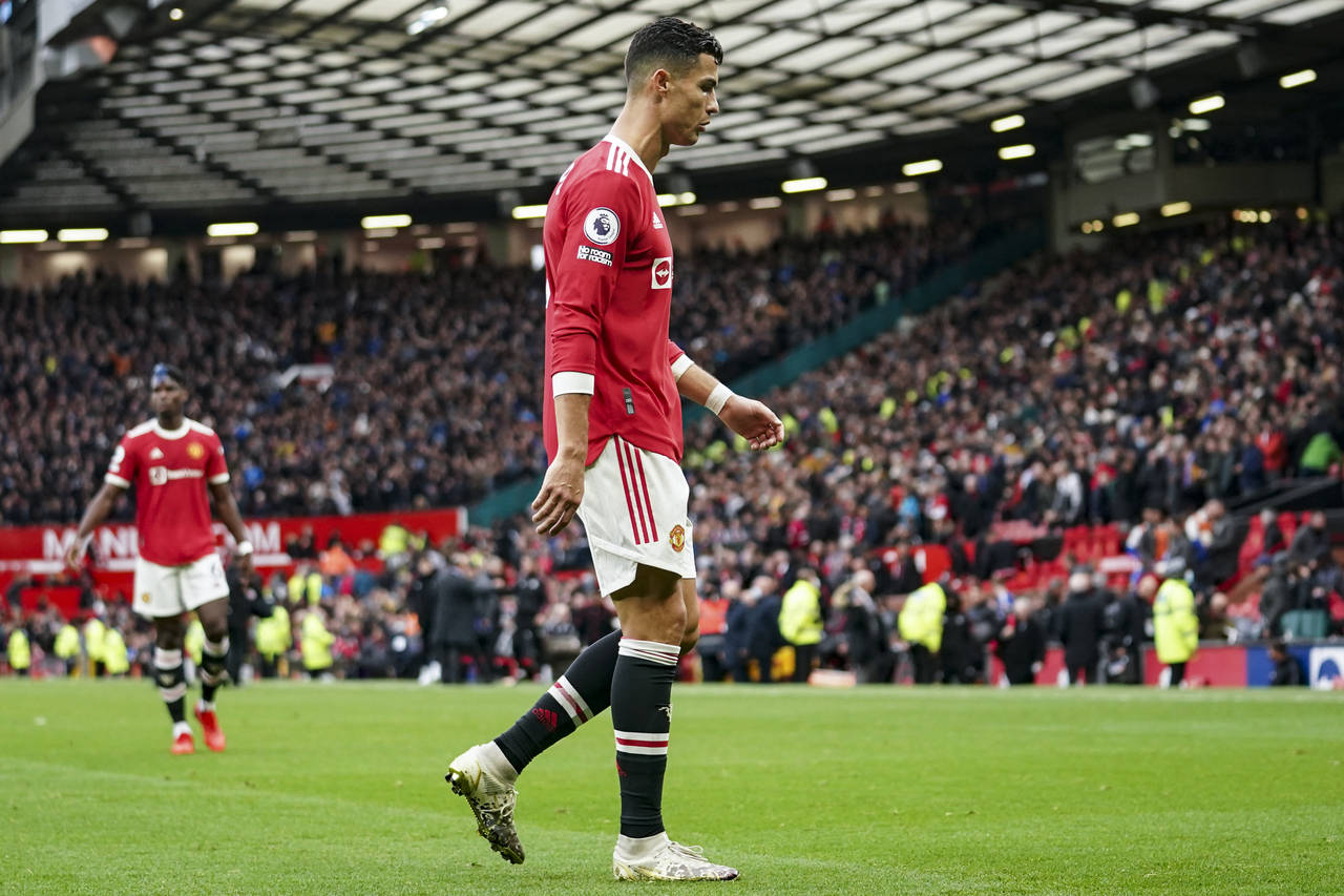 Manchester United's Cristiano Ronaldo walks off the pitch at the end of the English Premier League ...