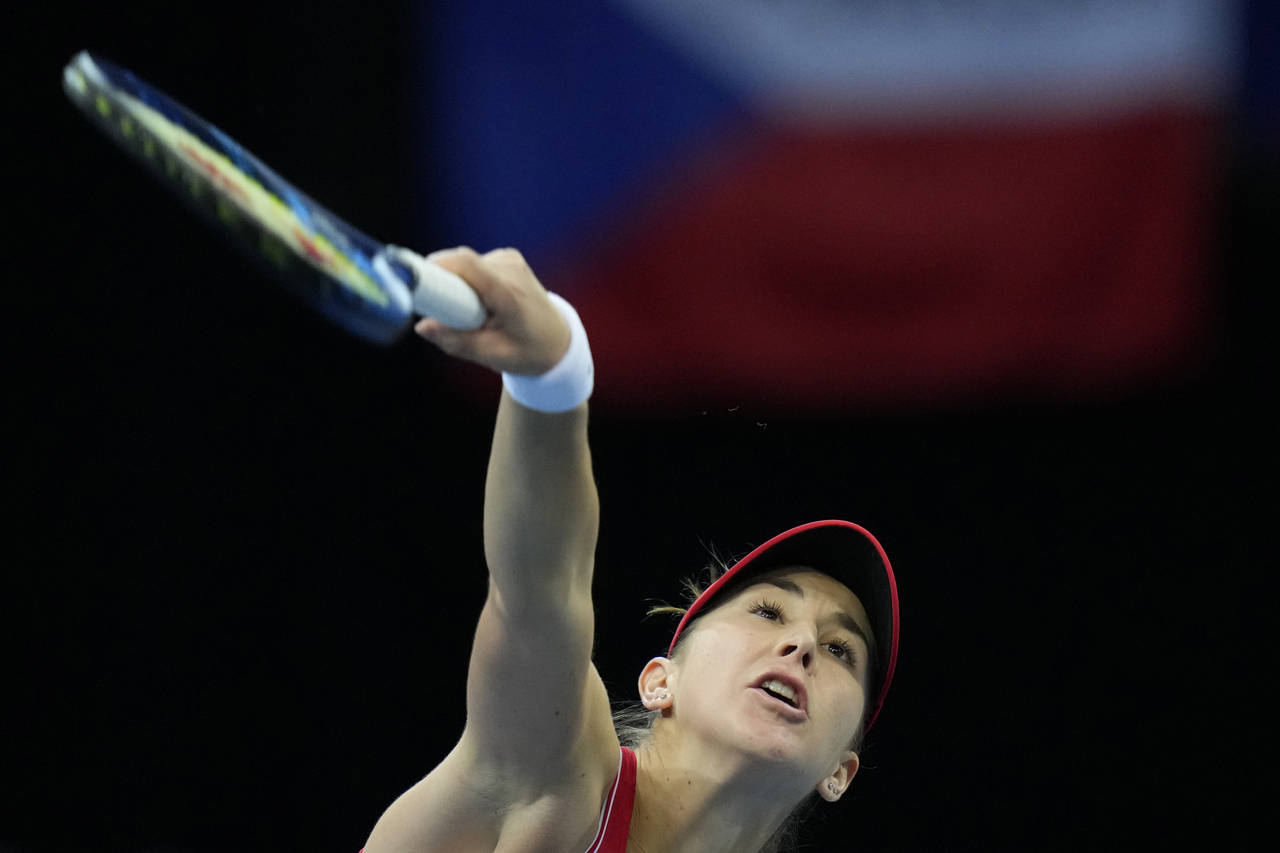 Switzerland's Belinda Bencic serves to Russia's Liudmila Samsonova during their Billie Jean King Cu...