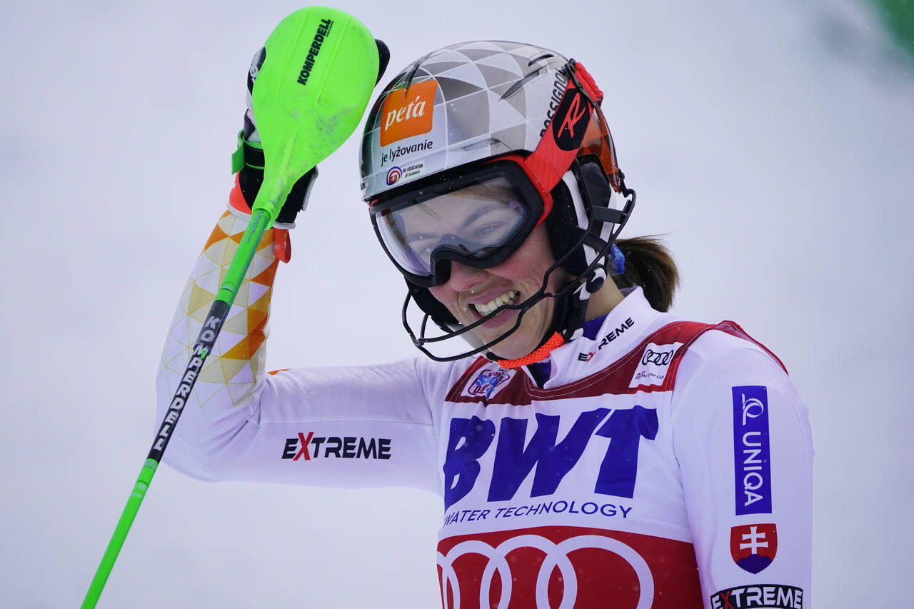Slovakia's Petra Vlhova celebrates after finishing a women's World Cup slalom ski race Sunday, Nov....