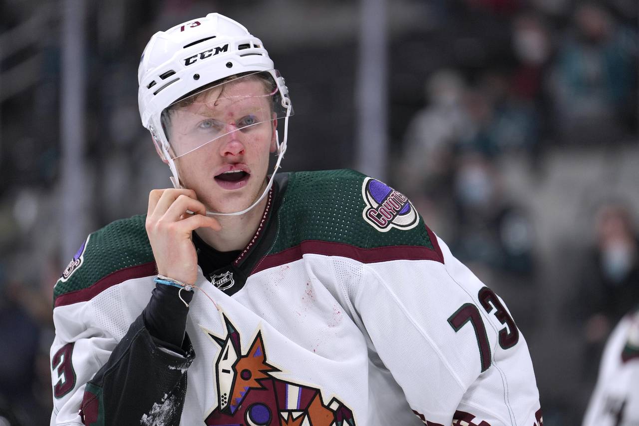 Arizona Coyotes right wing Jan Jenik skates off the ice after fighting with San Jose Sharks left wi...
