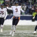 
              Chicago Bears quarterback Nick Foles (9) passes against the Seattle Seahawks during the second half of an NFL football game, Sunday, Dec. 26, 2021, in Seattle. The Bears won 25-24. (AP Photo/Stephen Brashear)
            
