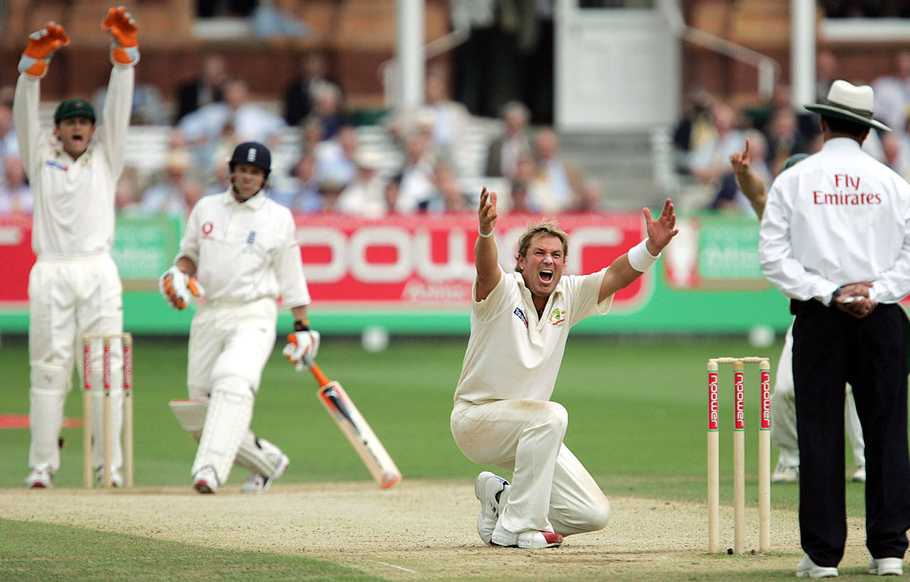 FILE - Australia's Shane Warne appeals to the umpire for lbw against of England's Garaint Jones dur...