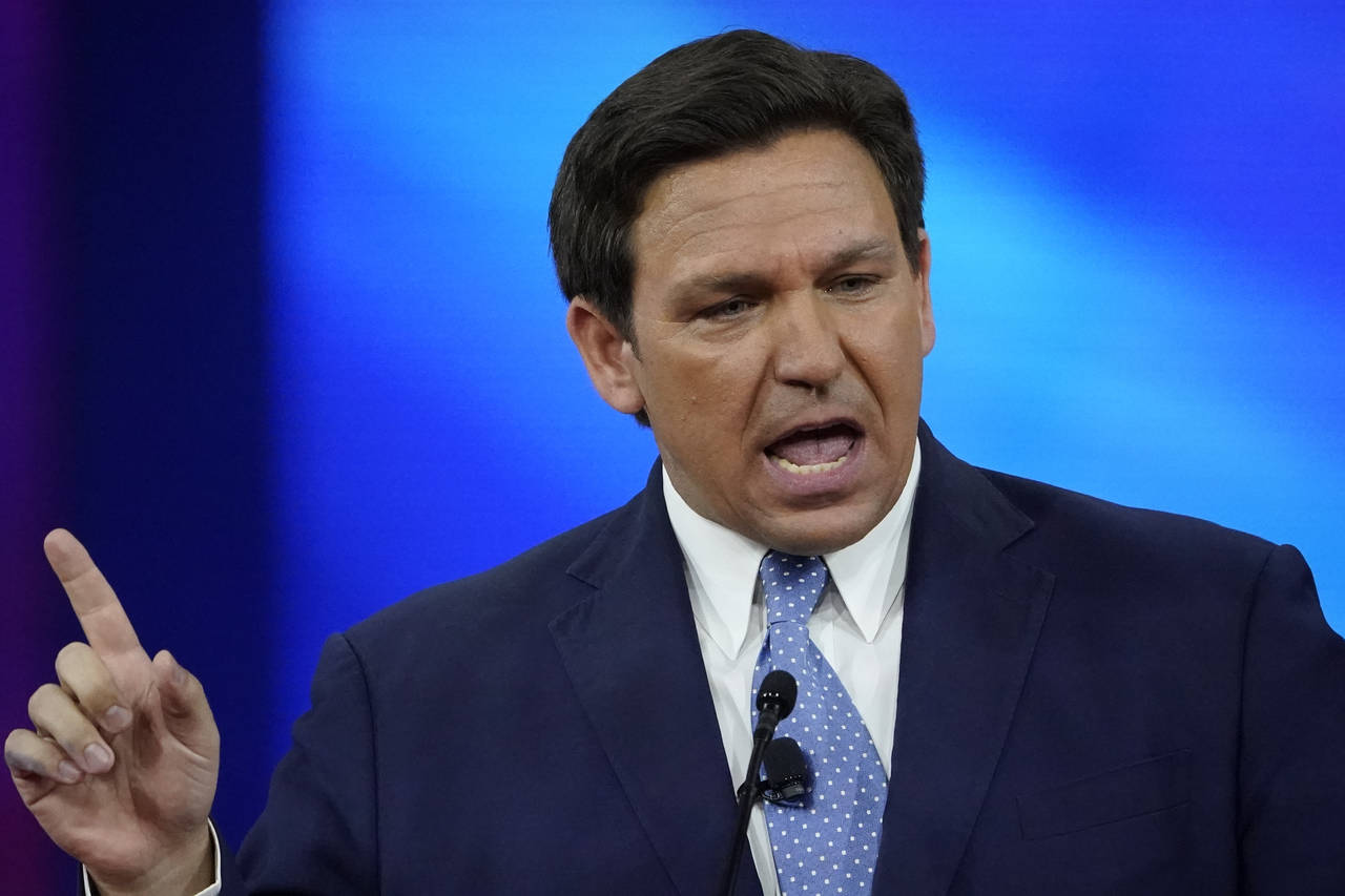 FILE - Florida Gov. Ron DeSantis speaks at the Conservative Political Action Conference (CPAC), Feb...