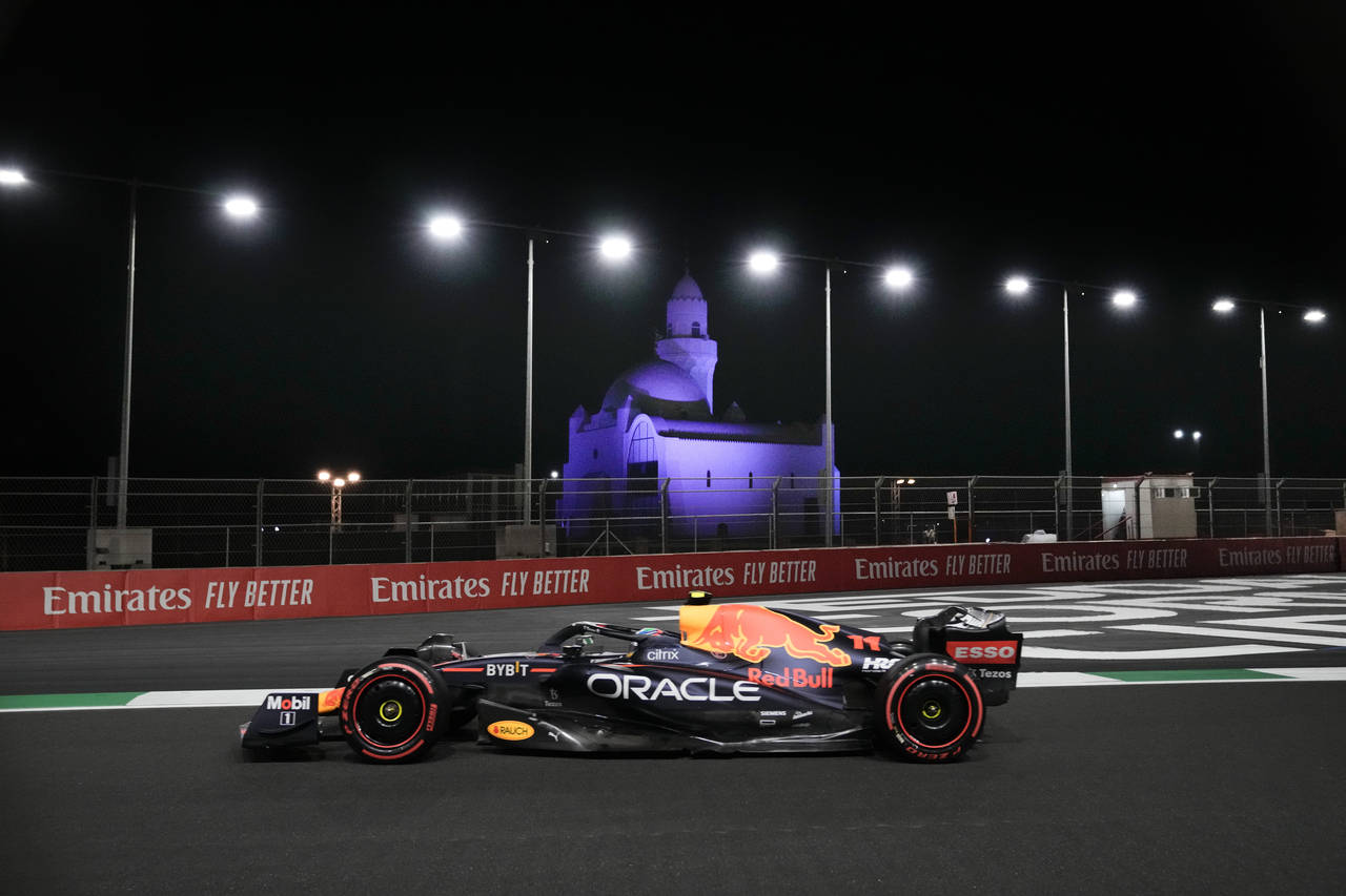 Red Bull driver Sergio Perez of Mexico steers his car during practice for the Formula One Grand Pri...