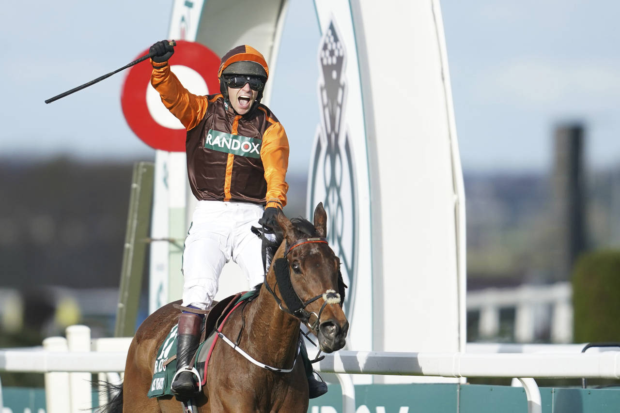 Noble Yeats ridden by Sam Waley-Cohen who celebrates as he crosses the line to win the Grand Nation...