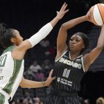 
              Chicago Sky guard Dana Evans (11) tries to pass around the defense of Seattle Storm guard Briann January (20) during the first half of a WNBA basketball game Wednesday, May 18, 2022 in Seattle. (AP Photo/Ted S. Warren)
            