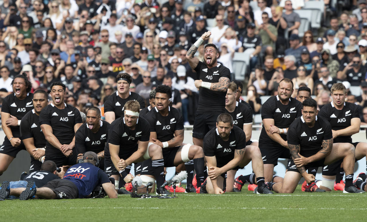 FILE - The All Blacks perform a haka ahead of the second Bledisloe Rugby test between New Zealand a...