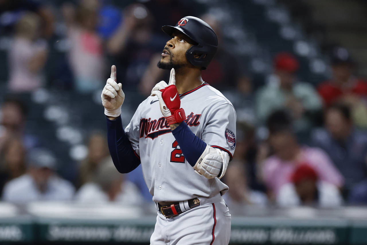 Minnesota Twins' Byron Buxton celebrates after hitting a solo home run against the Cleveland Guardi...