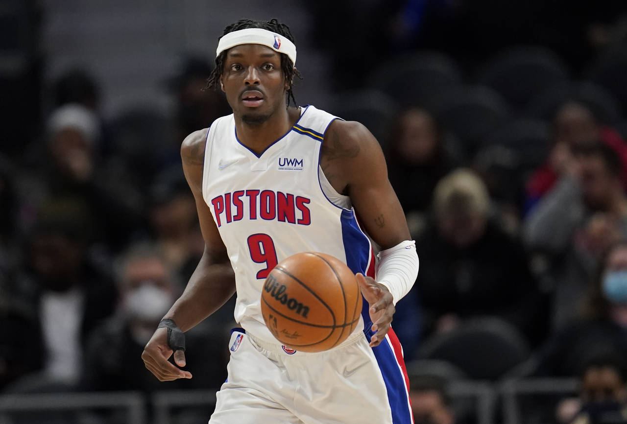 FILE - Detroit Pistons forward Jerami Grant brings the ball up against the Minnesota Timberwolves d...