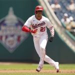 
              Washington Nationals' Juan Soto takes a lead from first base in the first inning of the first game of a baseball doubleheader against the Seattle Mariners, Wednesday, July 13, 2022, in Washington. (AP Photo/Patrick Semansky)
            