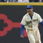 
              Seattle Mariners' Julio Rodriguez reacts at the end of a baseball game against the Oakland Athletics, Sunday, July 3, 2022, in Seattle. (AP Photo/Ted S. Warren)
            