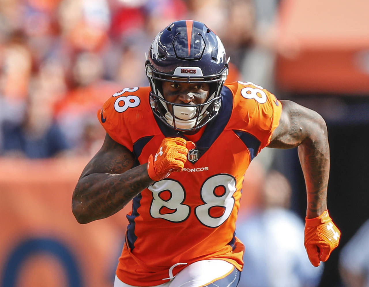 FILE - In this Sept. 16, 2018, file photo, Denver Broncos wide receiver Demaryius Thomas (88) runs ...