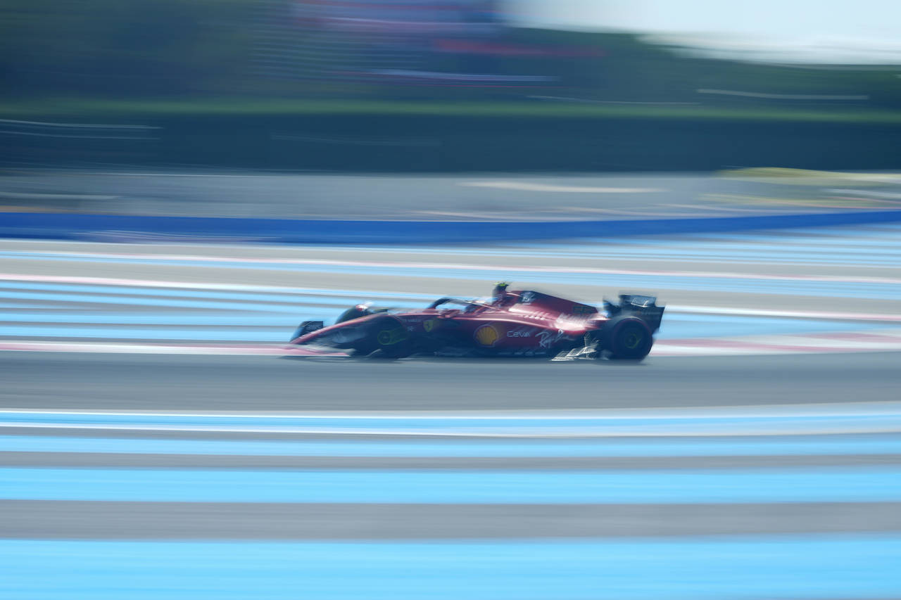 Ferrari driver Carlos Sainz of Spain steers his car during the second practice for the French Formu...