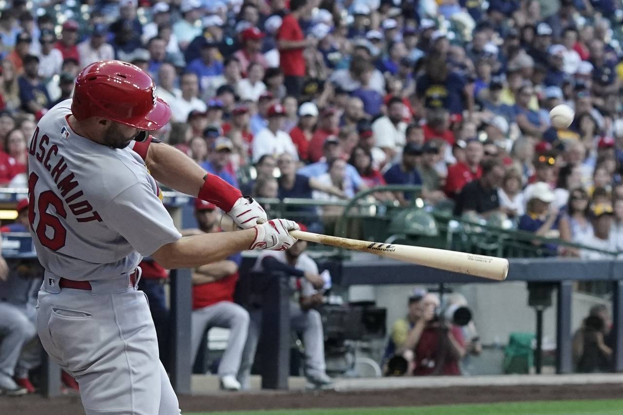 St. Louis Cardinals' Paul Goldschmidt hits a two-run home run during the first inning of a baseball...