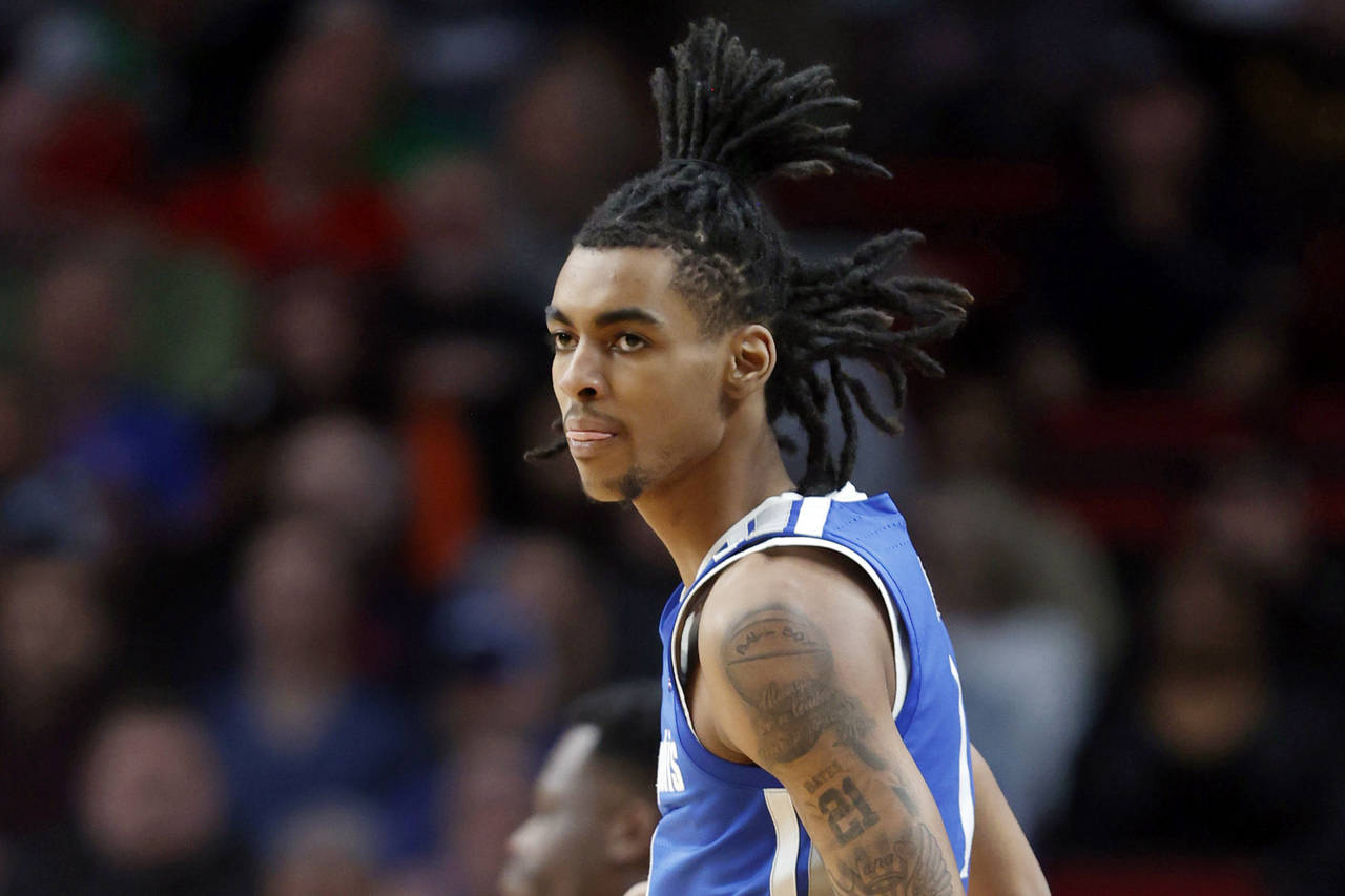 FILE - Then-Memphis forward Emoni Bates looks on during the first half of a first-round NCAA colleg...