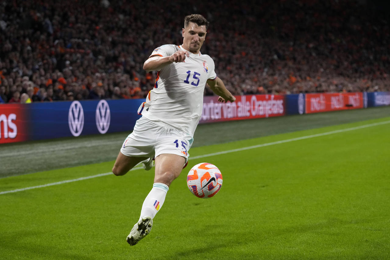 Belgium's Thomas Meunier tarries to control the ball during the UEFA Nations League soccer match be...