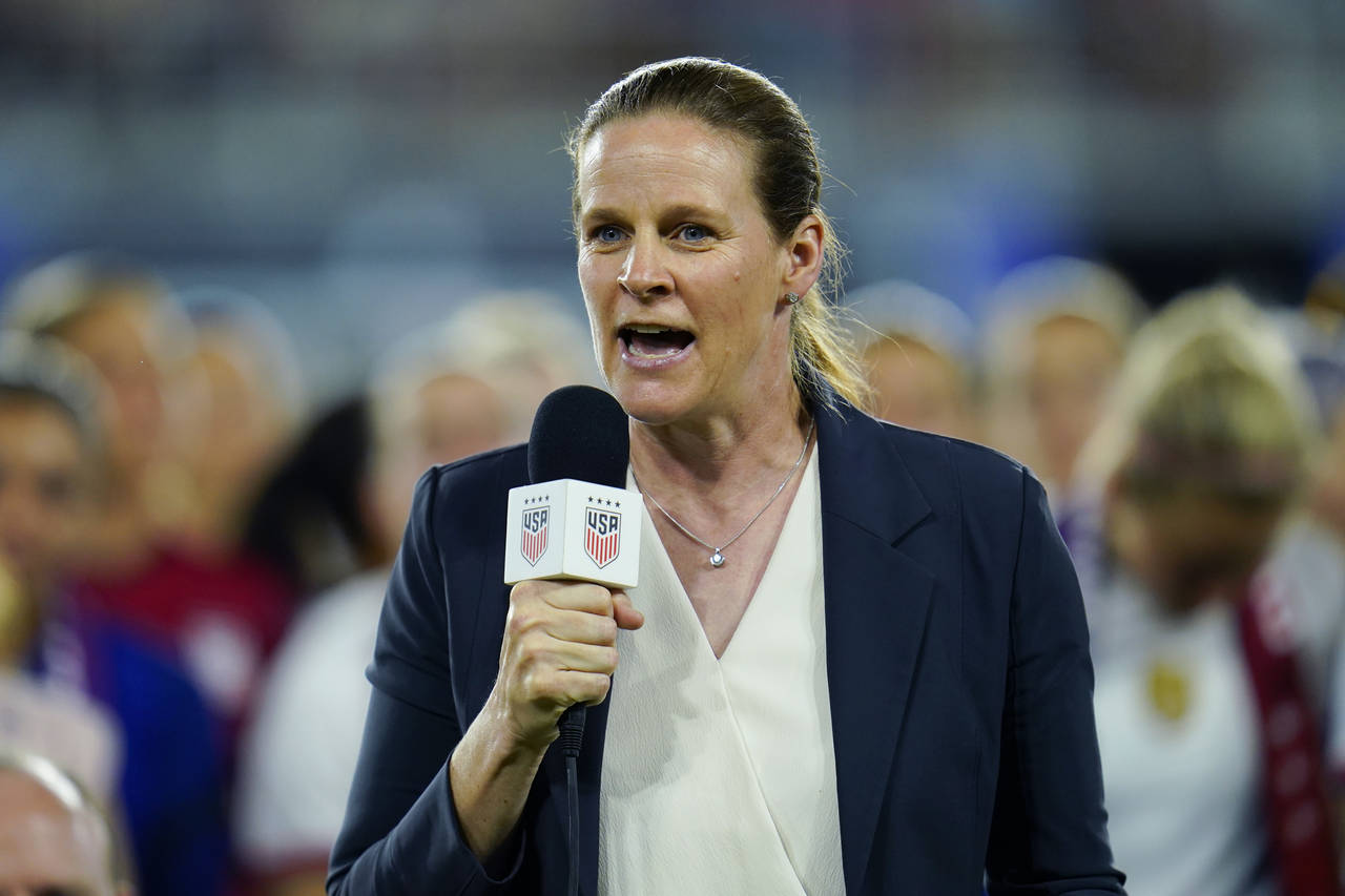 FILE - Cindy Parlow Cone, president of the U.S. Soccer Federation, speaks following a U.S. women's ...
