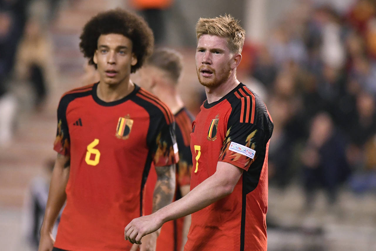 Belgium's Kevin De Bruyne, right, and Belgium's Axel Witsel during the Nations League soccer match ...