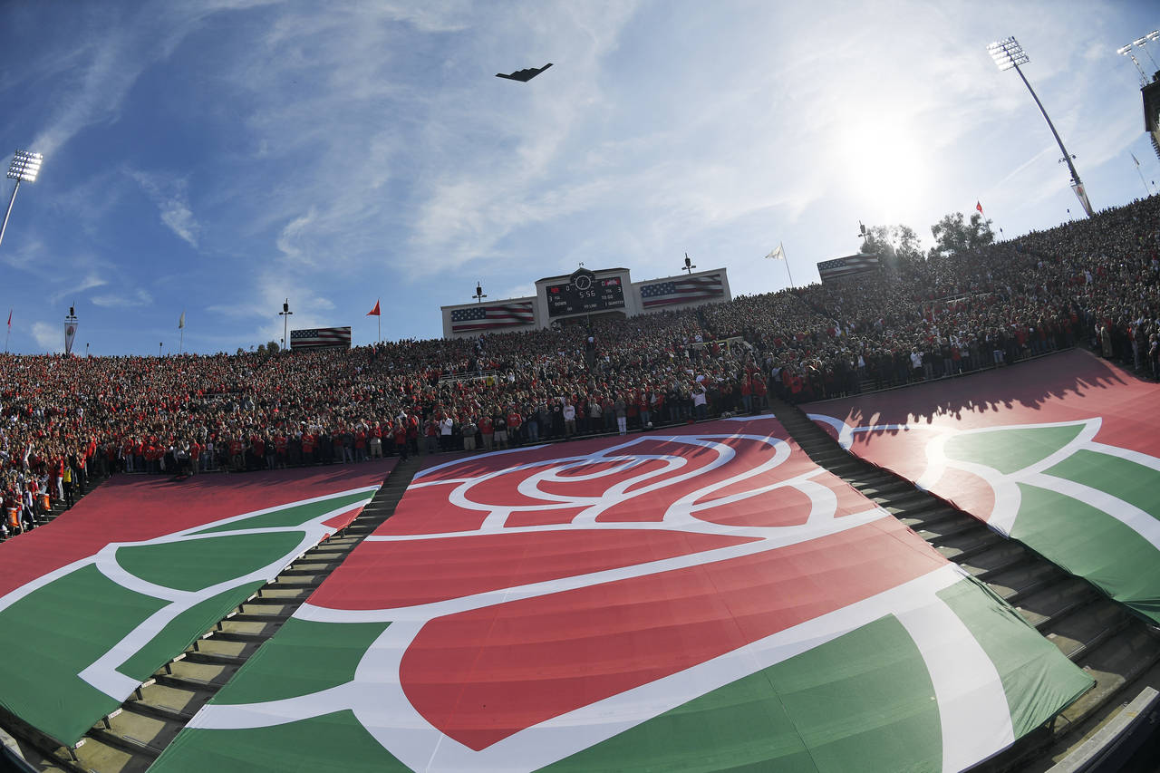 The Rose Bowl logo is seen during a fly over before the Rose Bowl NCAA college football game betwee...