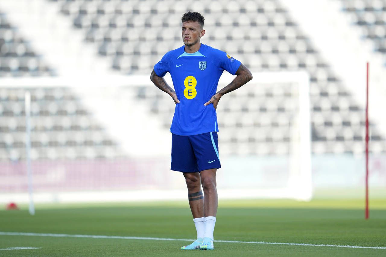 England's Ben White stands on the field during England's official training at at Al Wakrah Sports C...