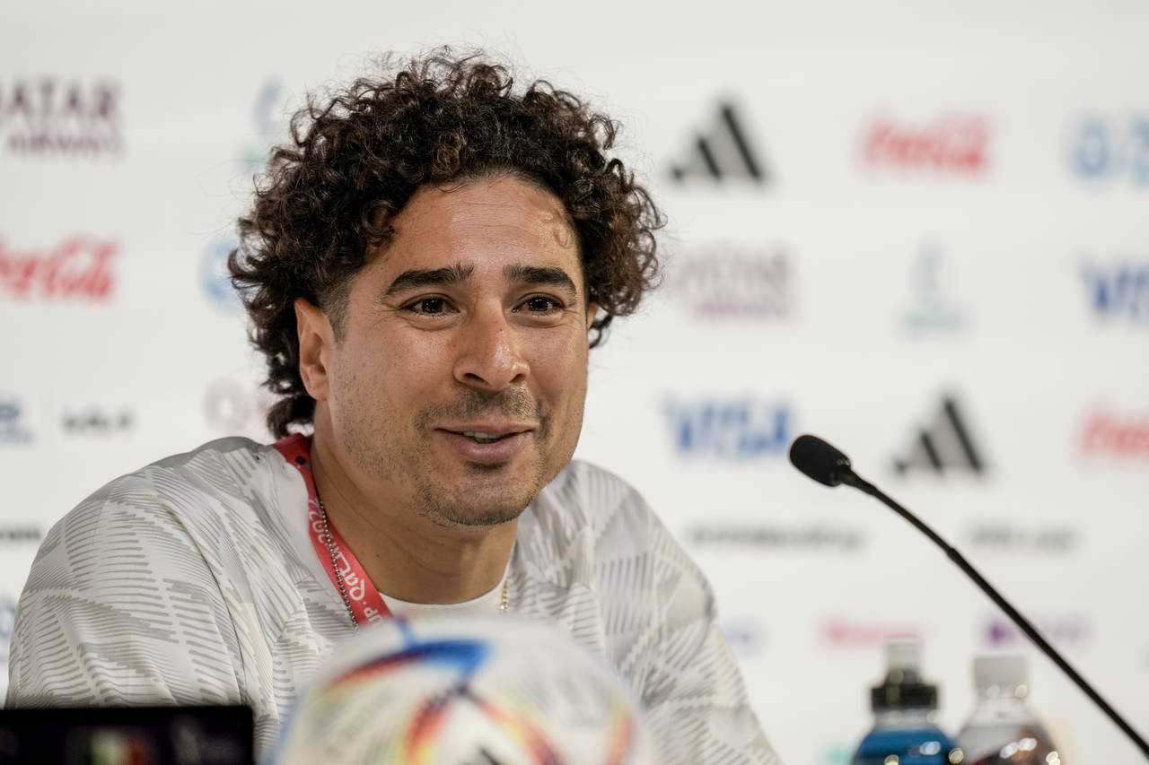 Mexico's goalkeeper Guillermo Ochoa speaks to the media during a press conference at the Qatar Nati...