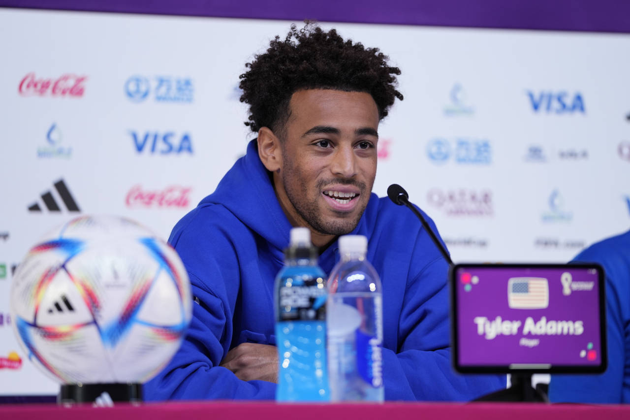 Tyler Adams of the United States attends a press conference on the eve of the group B World Cup soc...