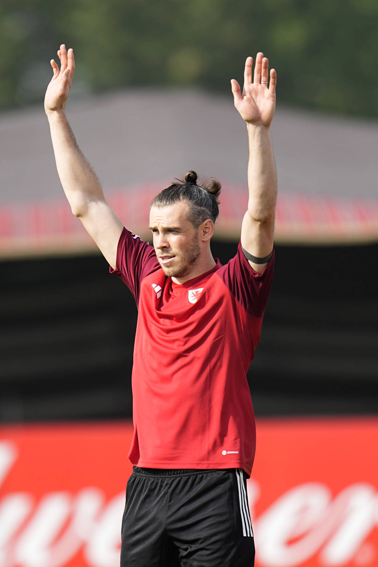 Wales' Gareth Bale gestures during Wales' official training session on the eve of the group B World...