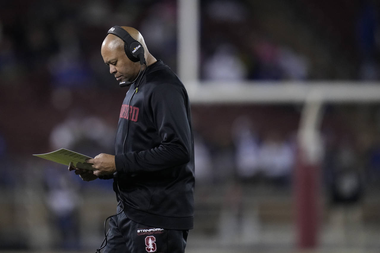 Stanford head coach David Shaw stands near the sideline during the second half of an NCAA college f...