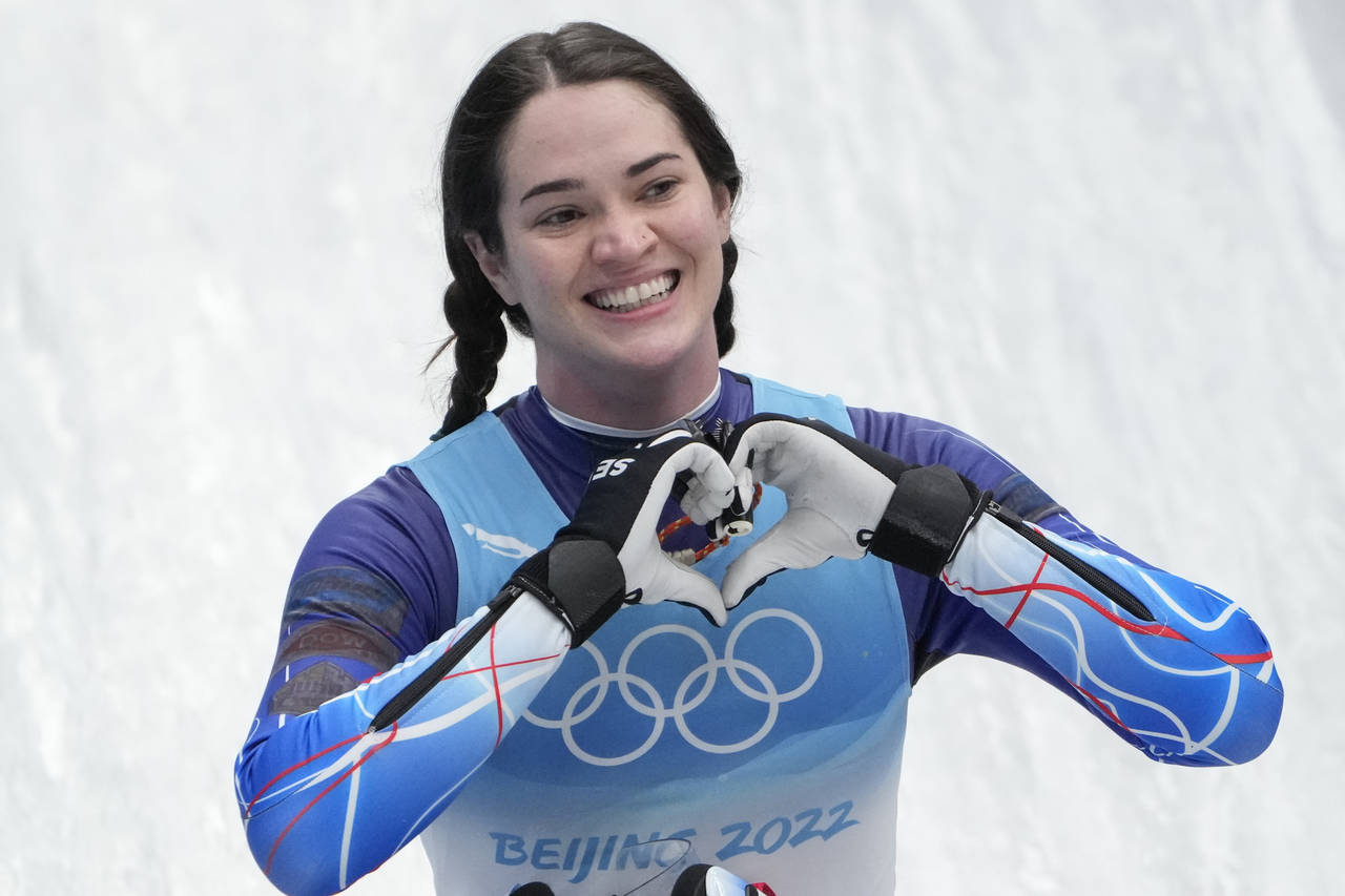 FILE - Summer Britcher, of the United States, finishes the luge women's singles run 3 at the 2022 W...