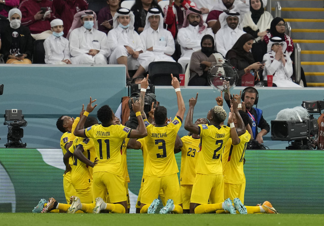 Ecuador celebrates their opening goal by Enner Valencia during the World Cup, group A soccer match ...