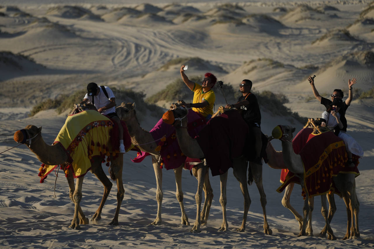 People take selfies while riding camels in Mesaieed, Qatar, Nov. 26, 2022. Throngs of World Cup fan...