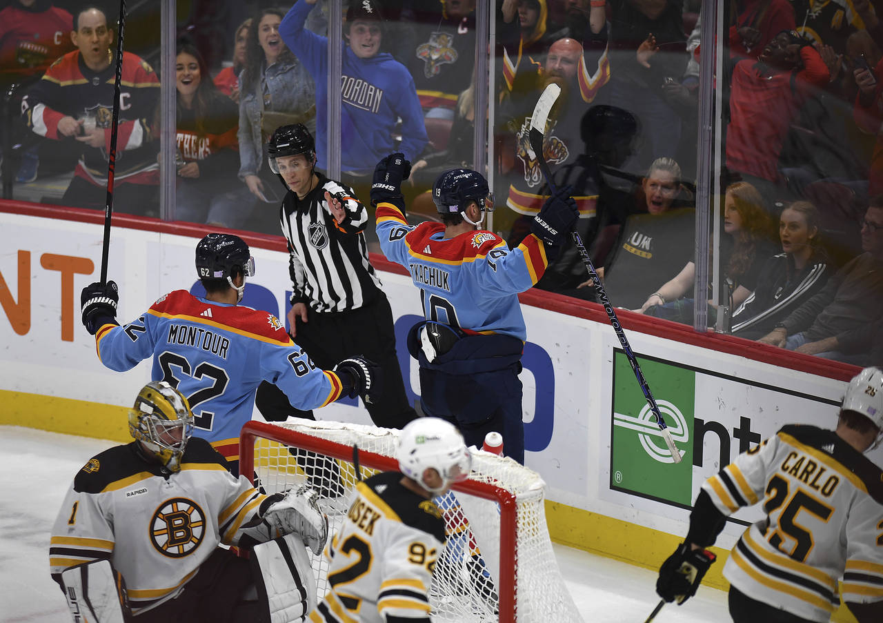 Florida Panthers' Matthew Tkachuk celebrates scoring a goal against the Boston Bruins during the se...