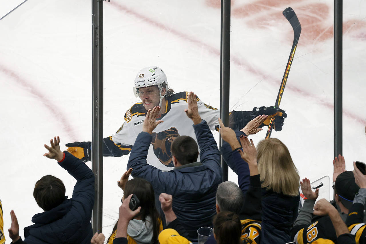 Boston Bruins right wing David Pastrnak (88) celebrates at the glass after scoring a goal during th...