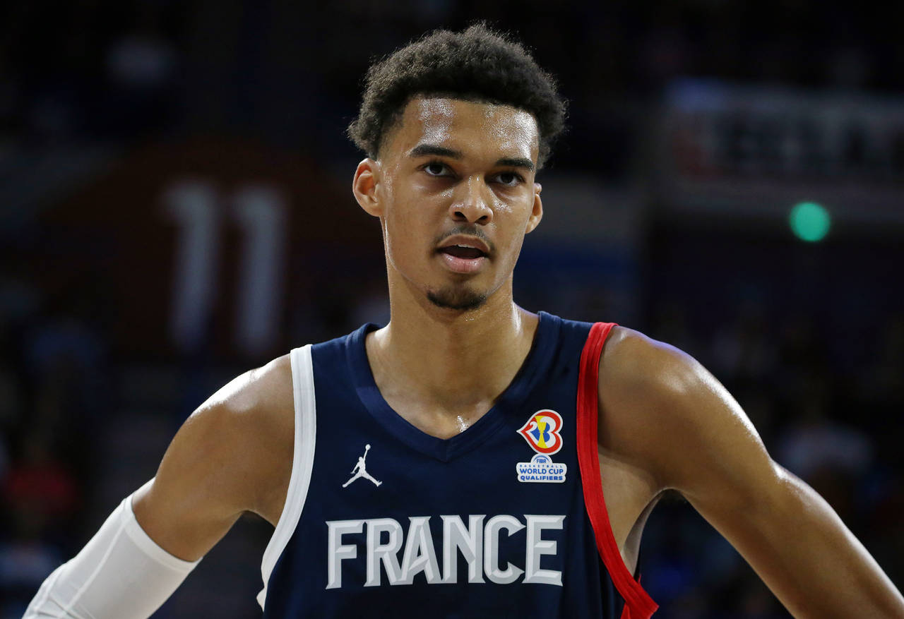 FILE - France's Victor Wembanyama reacts during the FIBA Basketball World Cup 2023 European Qualifi...