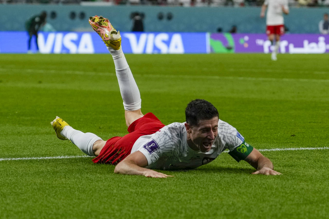 Poland's Robert Lewandowski celebrates scoring his side's 2nd goal during the World Cup group C soc...