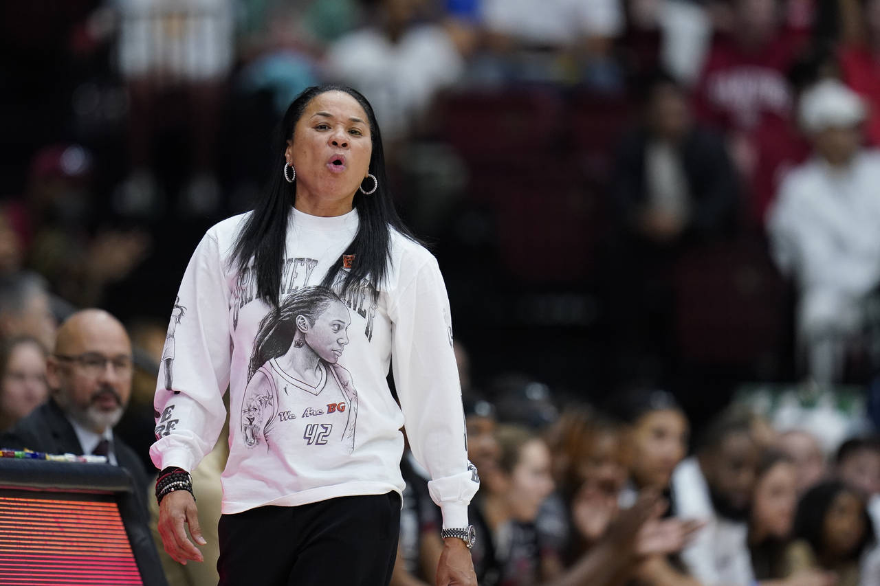 South Carolina head coach Dawn Staley watches during the first half of an NCAA college basketball g...