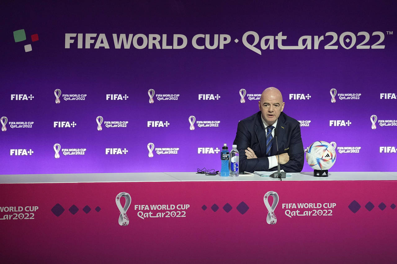 FIFA President Gianni Infantino speaks at a press conference Saturday, Nov. 19, 2022 in Doha, Qatar...