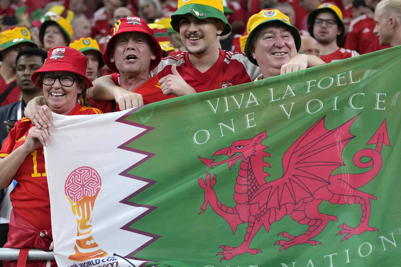 Fans cheer ahead the World Cup, group B soccer match between the United States and Wales, at the Ah...
