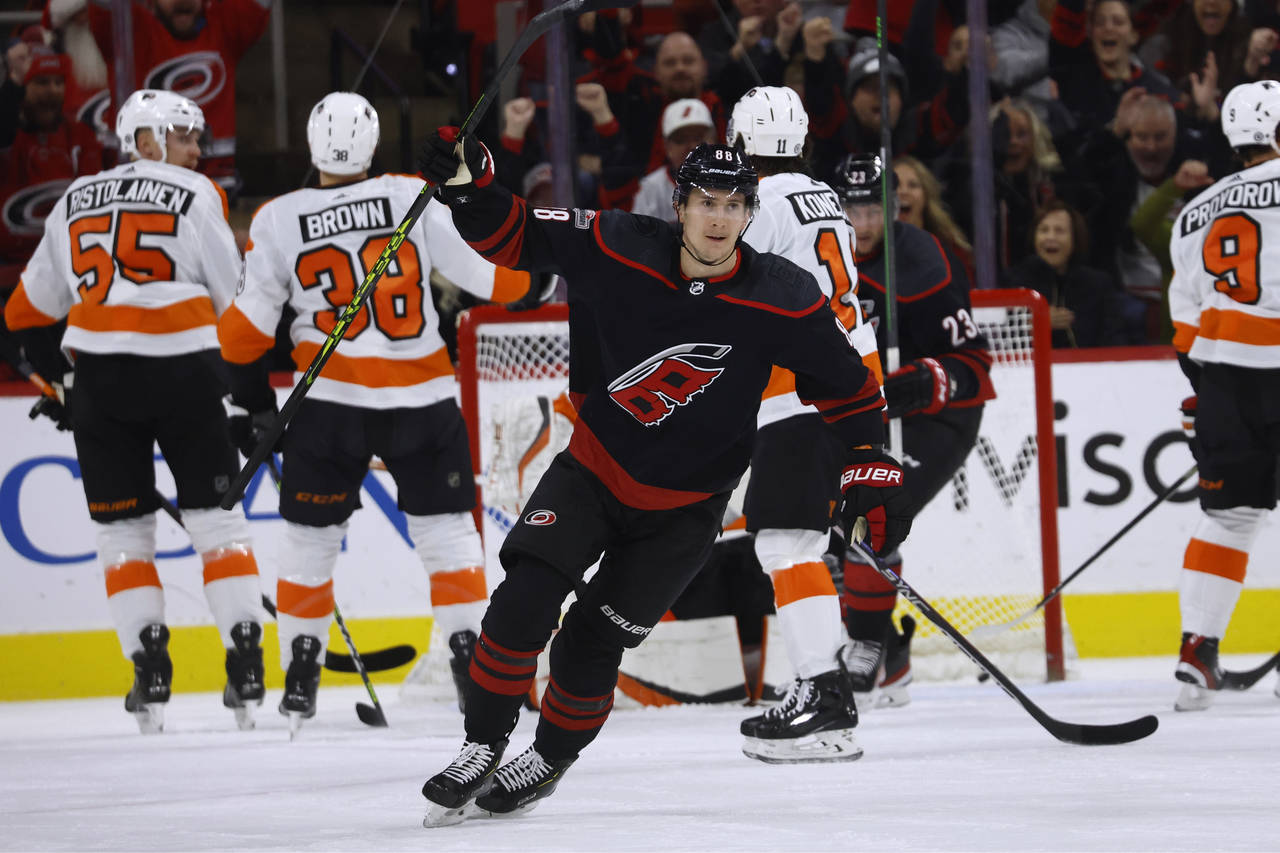 Carolina Hurricanes' Martin Necas (88) celebrates his goal against the Philadelphia Flyers during t...