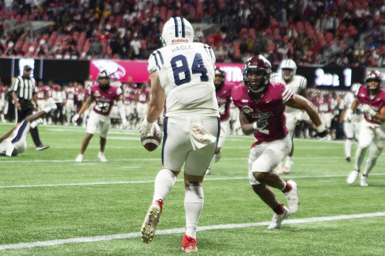 Jackson State tight end Hayden Hagler drops a pass in the end zone during overtime of the Celebrati...