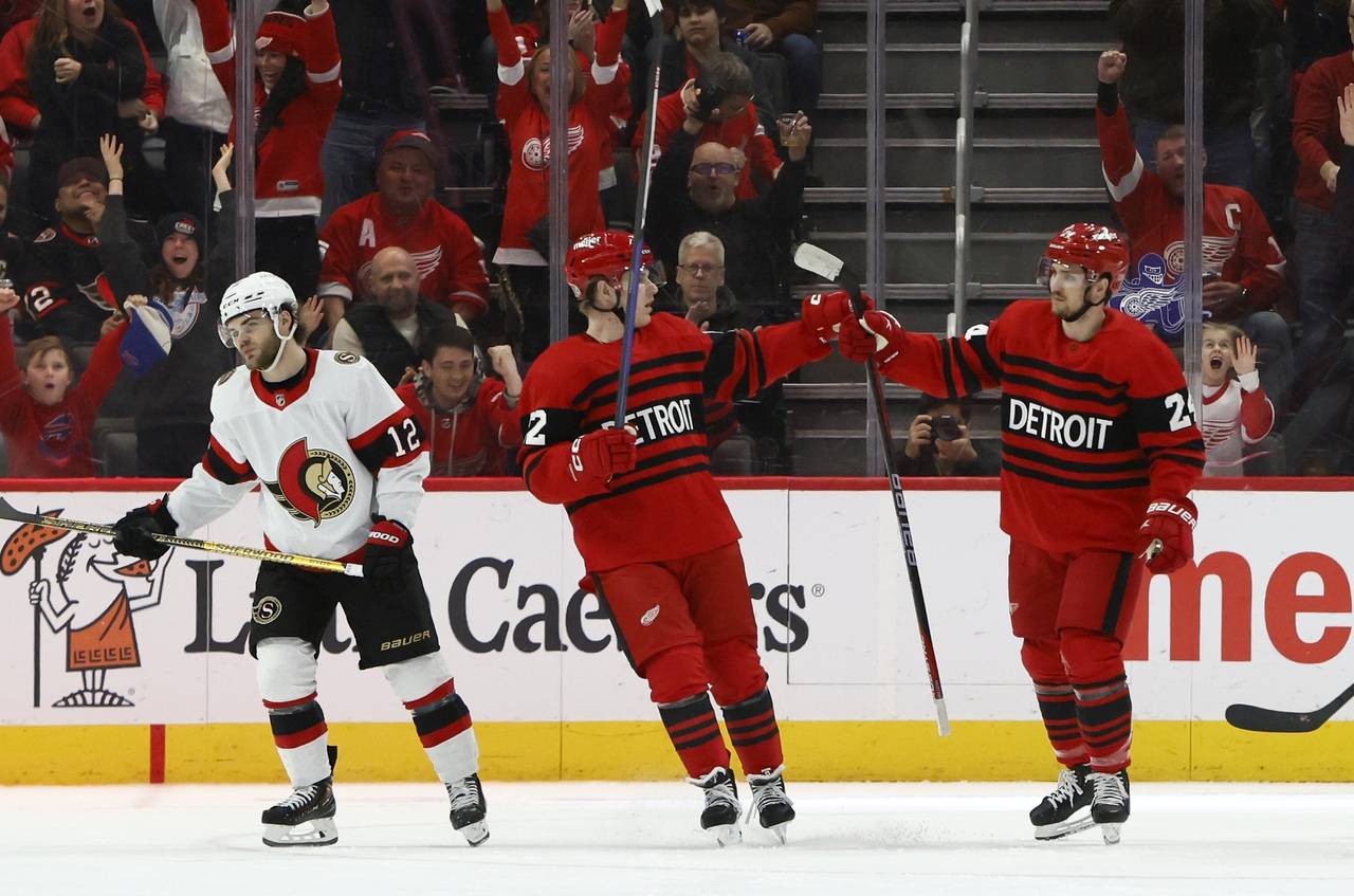 Ottawa Senators right wing Alex DeBrincat (12) skates off as Detroit Red Wings defenseman Olli Maat...