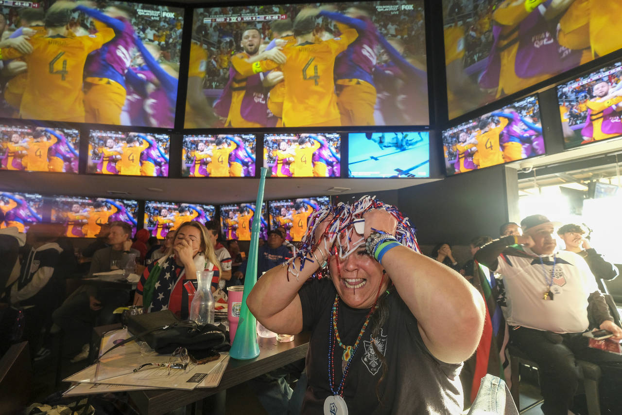Soccer fan Misty Alvarez reacts at watch party after the Netherlands scored a goal on the United St...