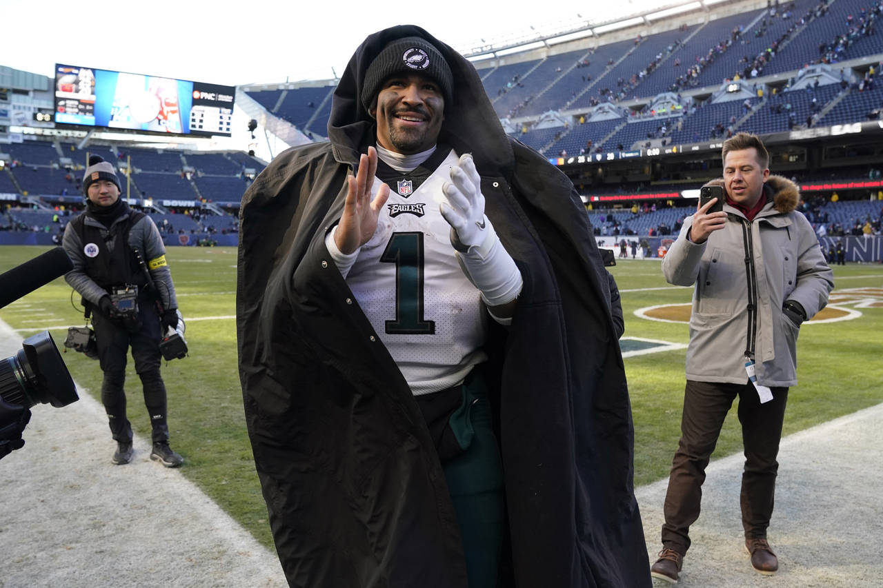 Philadelphia Eagles' Jalen Hurts reacts after an NFL football game against the Chicago Bears, Sunda...