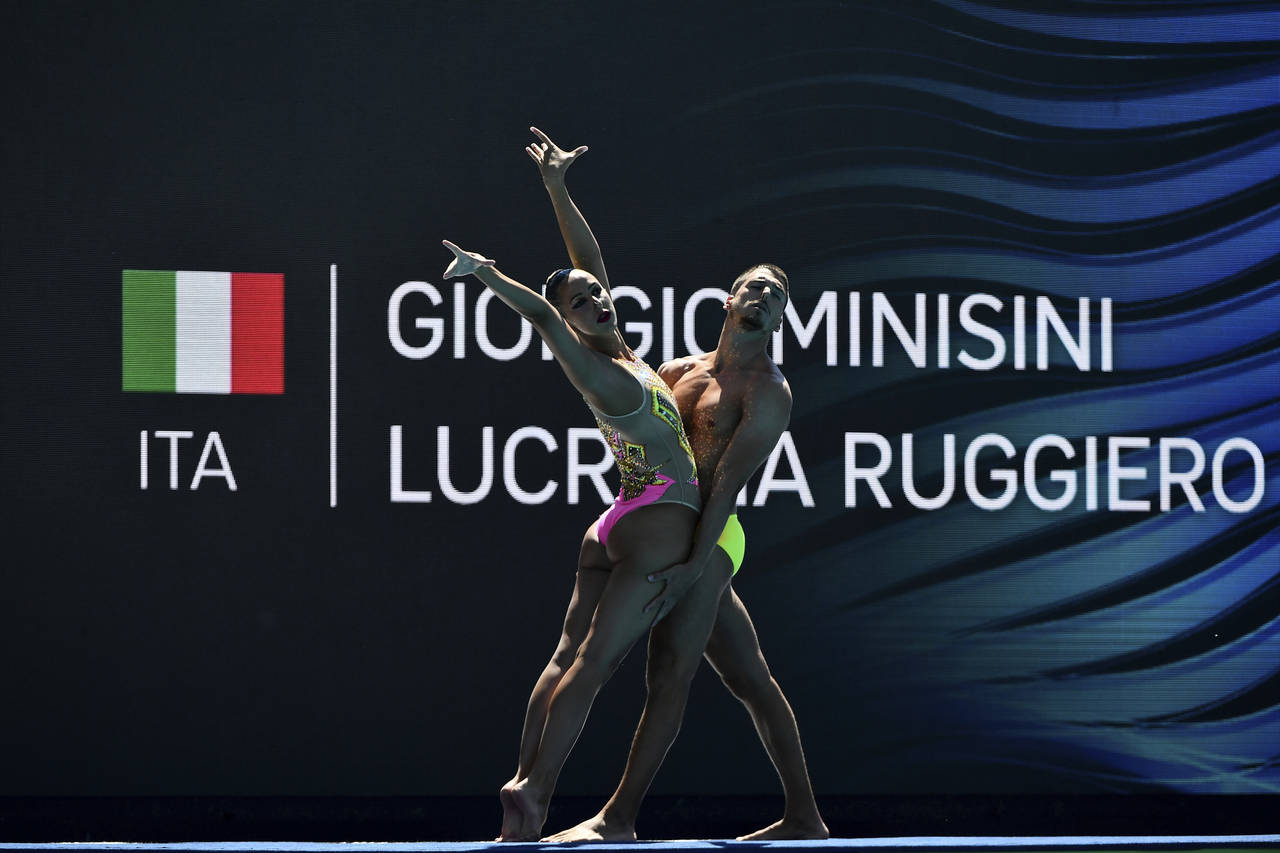 FILE - Italy's Giorgio Minisi and Lucrezia Ruggiero compete during the mixed duet technical final o...
