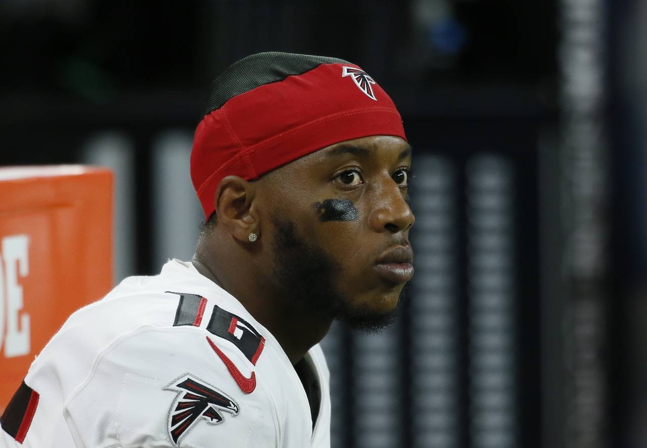FILE - Atlanta Falcons wide receiver Cameron Batson looks on during the first half of a preseason N...