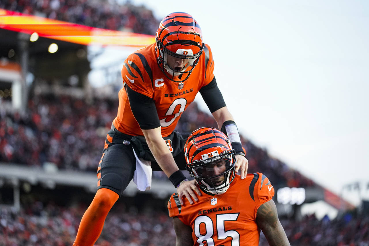 Cincinnati Bengals wide receiver Tee Higgins (85) and quarterback Joe Burrow (9) celebrate a touchd...